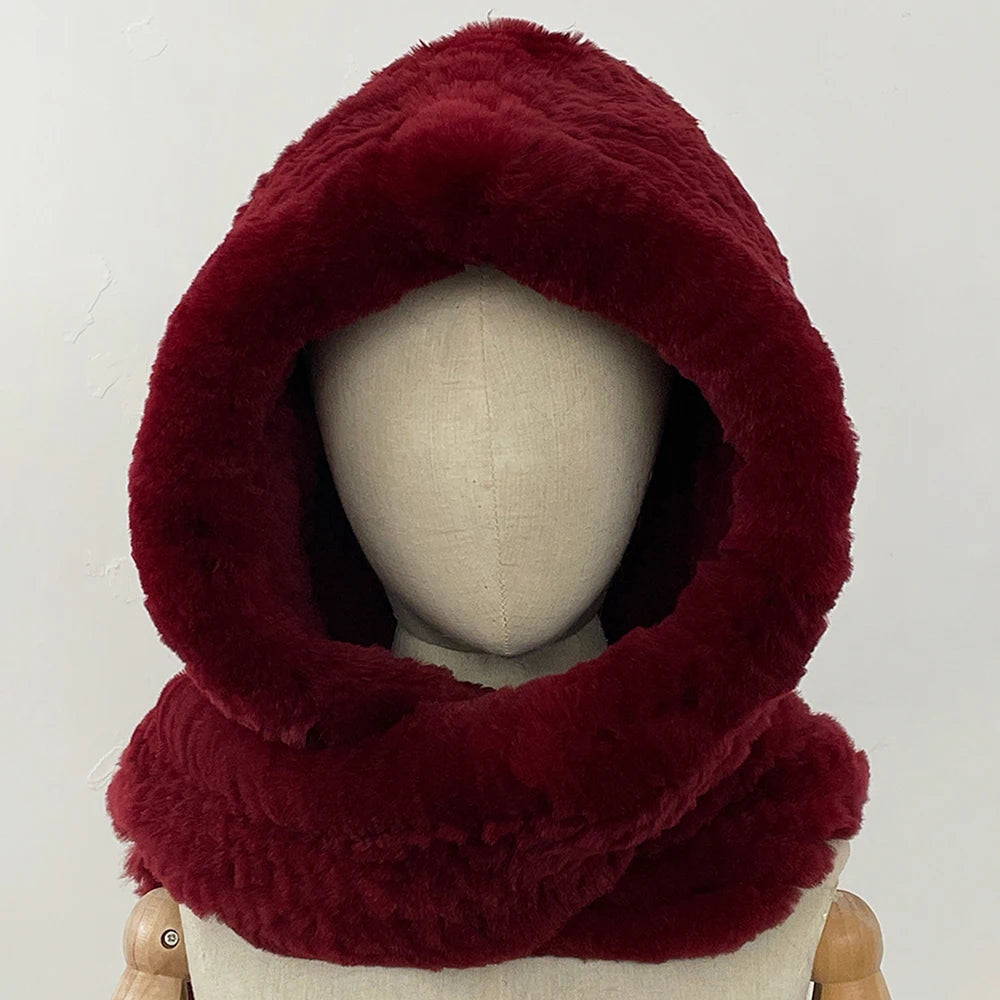 OFTBUY Thick Warm Windproof Natural Rabbit Fur Hat with Scarf Women New Winter Cute Cycling Cap Child Fluffy Rea Fur Neckerchief