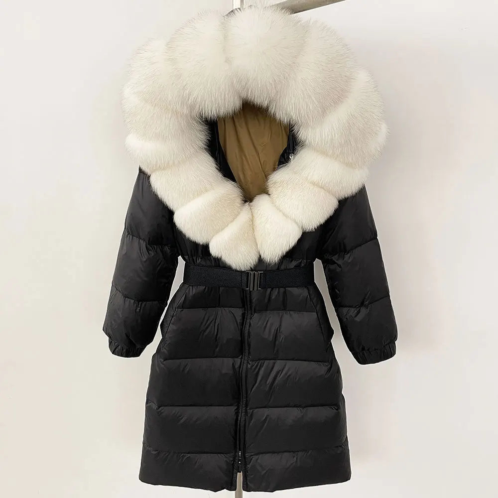 OFTBUY New Natural Thick Warm Duck Down Coat Female Long Winter Jacket Women Real Big Fox Fur Collar Belt Loose Puffer Parka