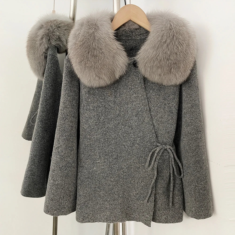 OFTBUY Women's Real Fox Raccoon Fur Collar Knit Wrap Coat Drawstring Waist Autumn Winter Cardigan Jacket Female Luxury Outerwear