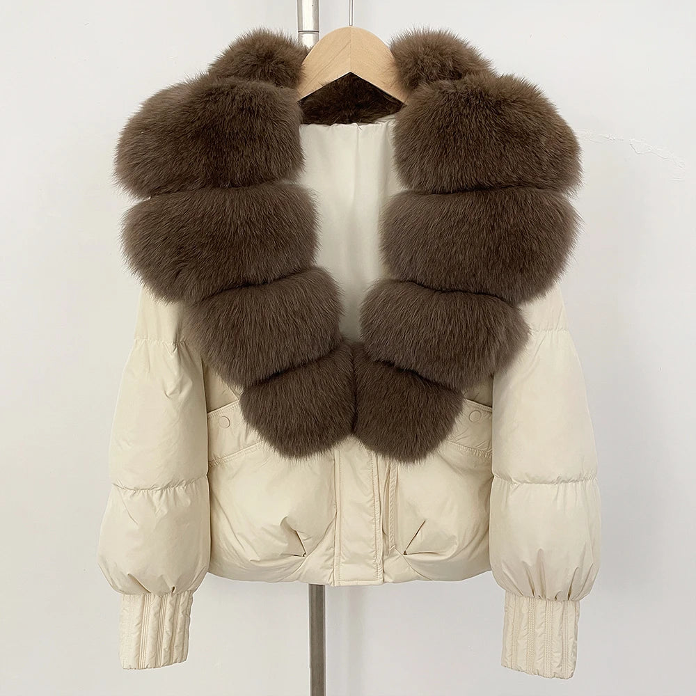 OFTBUY Luxury 90% Duck Down Puffer Jacket with Oversized Real Fox Fur Collar - Short Tiered Winter Coat