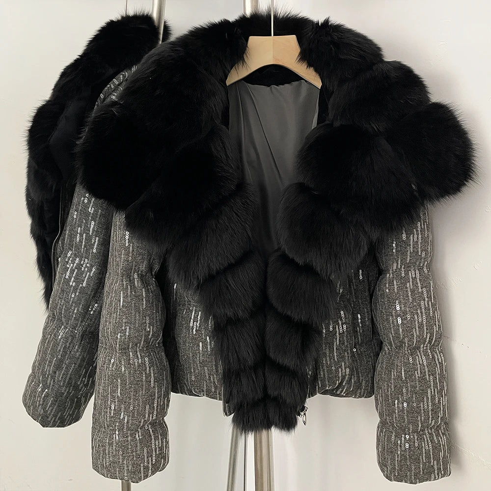 OFTBUY Sequined Duck Down Coat Female New Women's Short Puffer Jacket with Real Fox Fur Collar  Luxury Sparkly Winter Outerwear