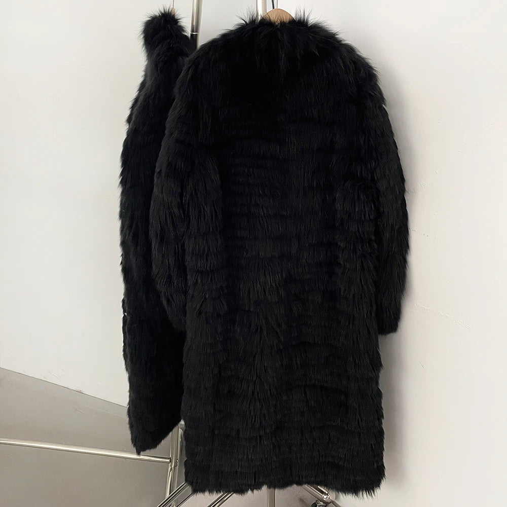 OFTBUY Women's Luxury Black Real Fox Fur Mid-Length Coat Natural Fur Jacket Female New Thick Warm Winter Outerwear for Cold Weather