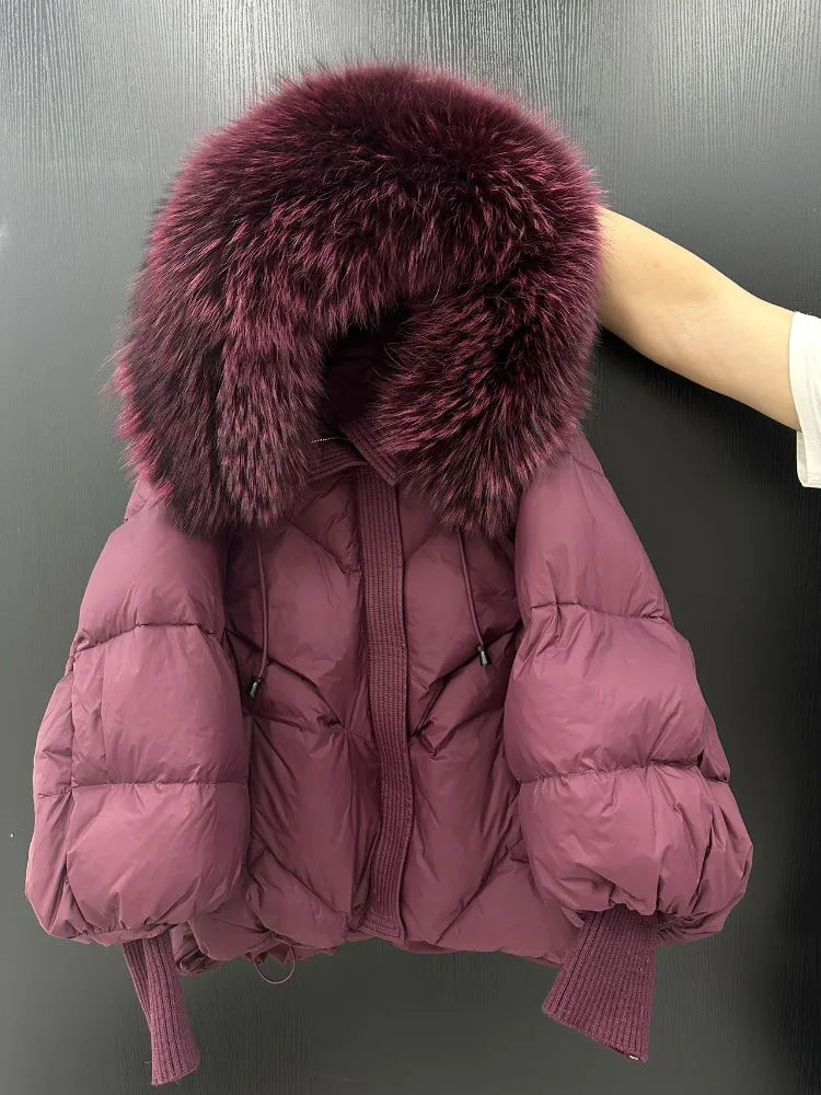 OFTBUY New Winter Large Real Fur Hooded Puffer Jacket Women Thicken Warm Knitted Sleeve Coat Lady White Duck Down Mid Long Parka