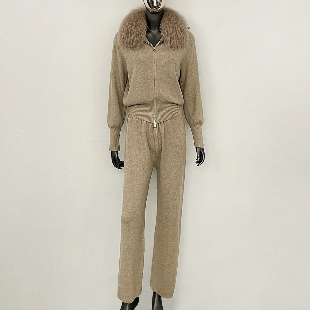 OFTBUY Winter New Women's Knitted Tracksuit Set with Fox Fur Collar Zipper Jacket Wide Leg Pants Luxury Casual Two-Piece Outfit