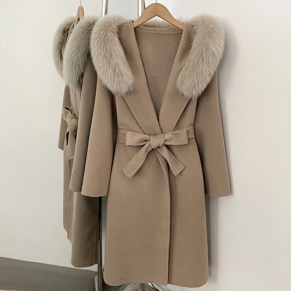 OFTBUY Long Hooded Real Fox Fur Wool Jacket Women New Autumn Winter Woolen Clothes Female Fashion Warm Natural Fur Woolen Coat