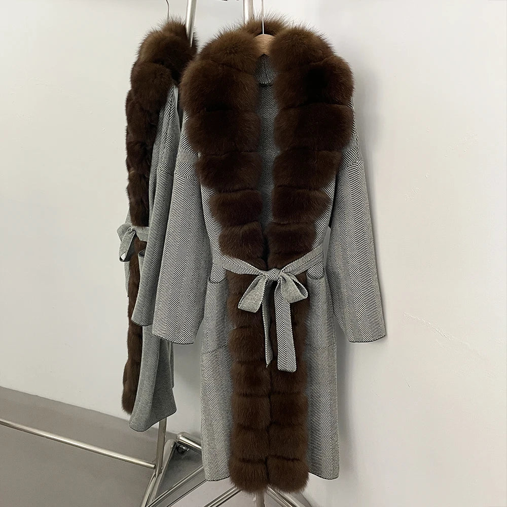 OFTBUY 2025 New Women's Knit Coat with Full Real Fox Fur Trim Belted Warm Winter Elegant Fashion Outerwear Female Long Sweater