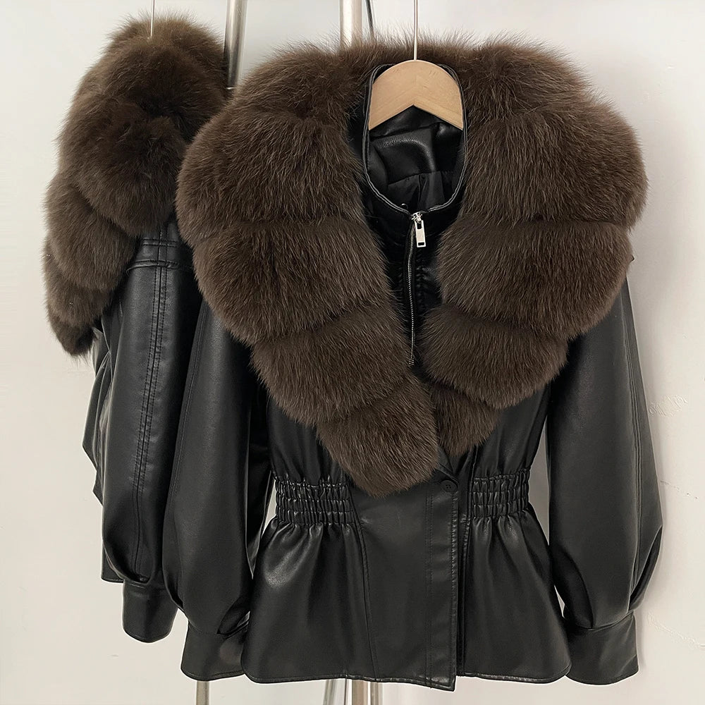 OFTBUY Women's Luxury Real Fox/Raccoon Fur Faux Leather Jacket Elastic Waist New Winter Coat Elegant PU Leather Outerwear Female