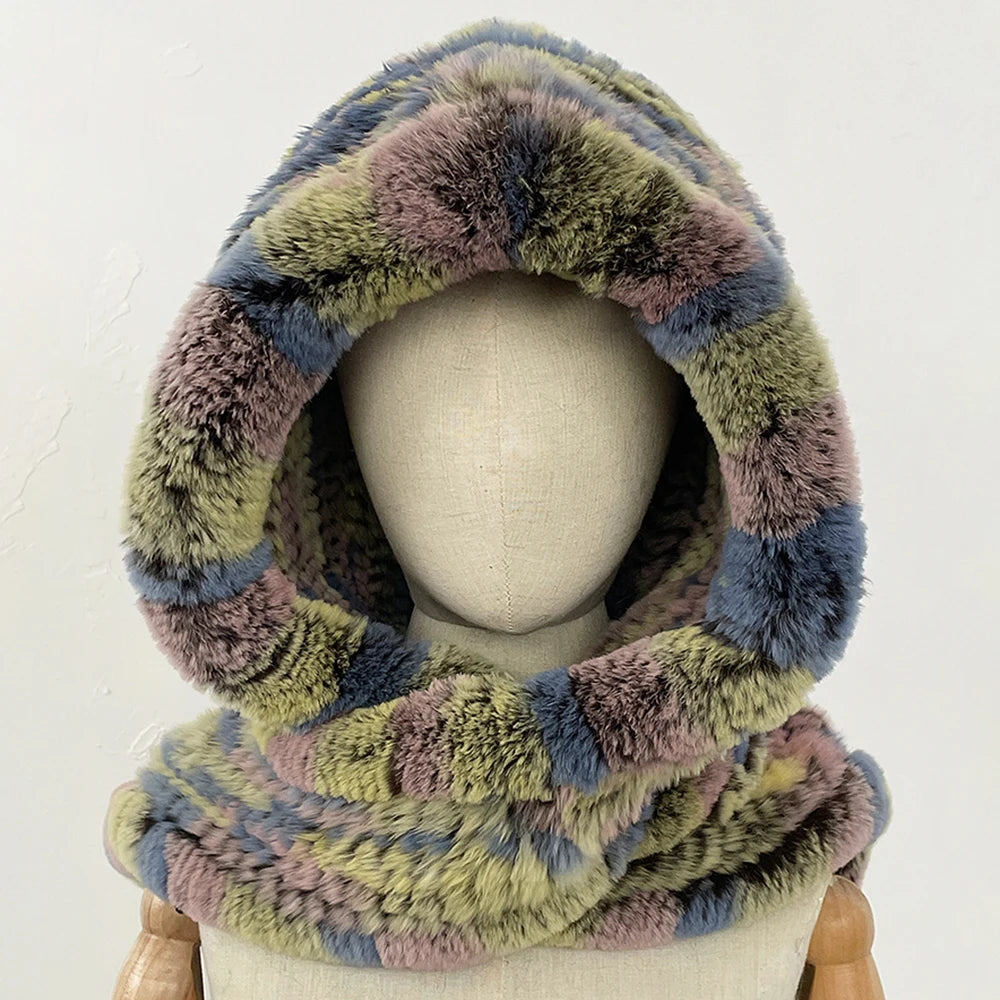 OFTBUY Thick Warm Windproof Natural Rabbit Fur Hat with Scarf Women New Winter Cute Cycling Cap Child Fluffy Rea Fur Neckerchief