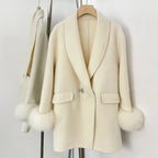 OFTBUY New Women's Wool Coat with Real Fox Fur Cuffs Double Breasted Diamond Button Lapel Winter Elegant Outerwear Female