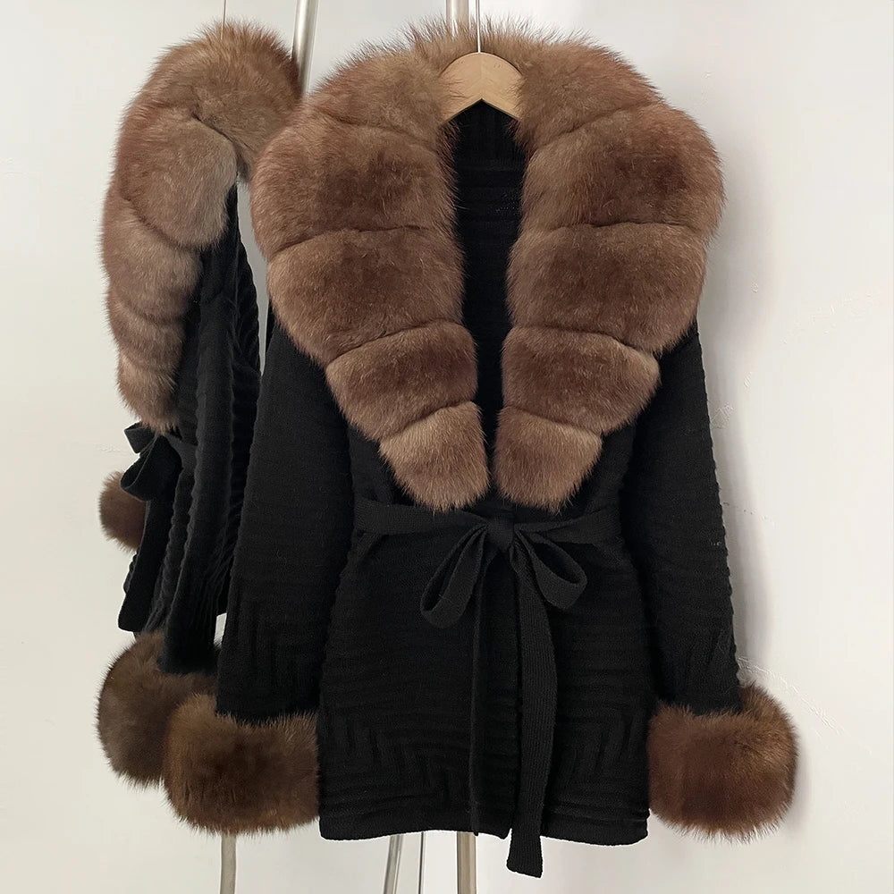 OFTBUY Belted Waist Striped Texture Pockets New Women's Knit Coat with Large Real Fox Fur Collar Winter Luxury Elegant Outerwear
