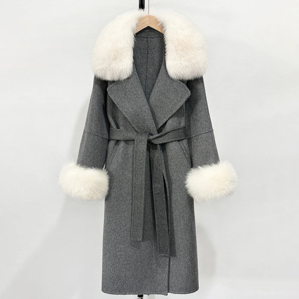 OFTBUY Fashion Warm Wool Coat with Real Fox Fur Collar New Autumn Winter Long Clothing Women Belt Elegant Woolen Jcacket Female