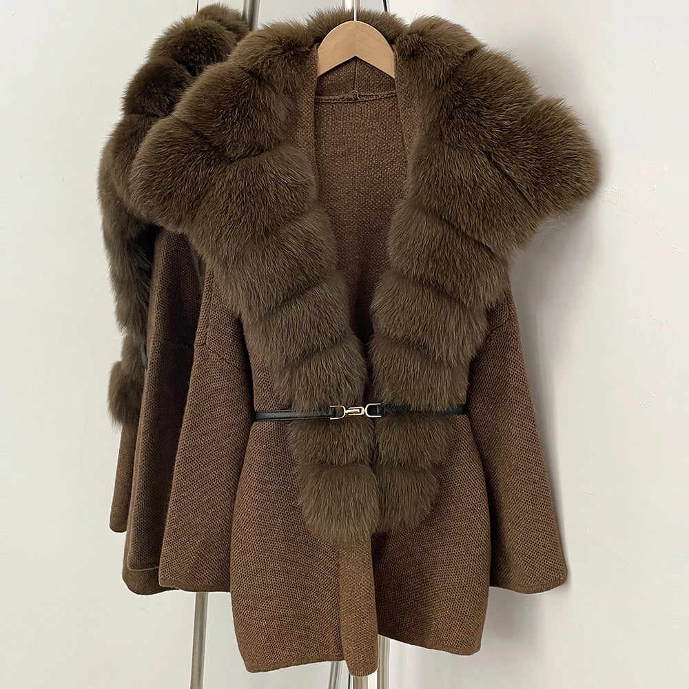 OFTBUY Fashion Belt Warm Sweater Female Natural Fur Loose Cadigan Coat Women Medium Length Knit Jacket with Real Fox Fur Collar