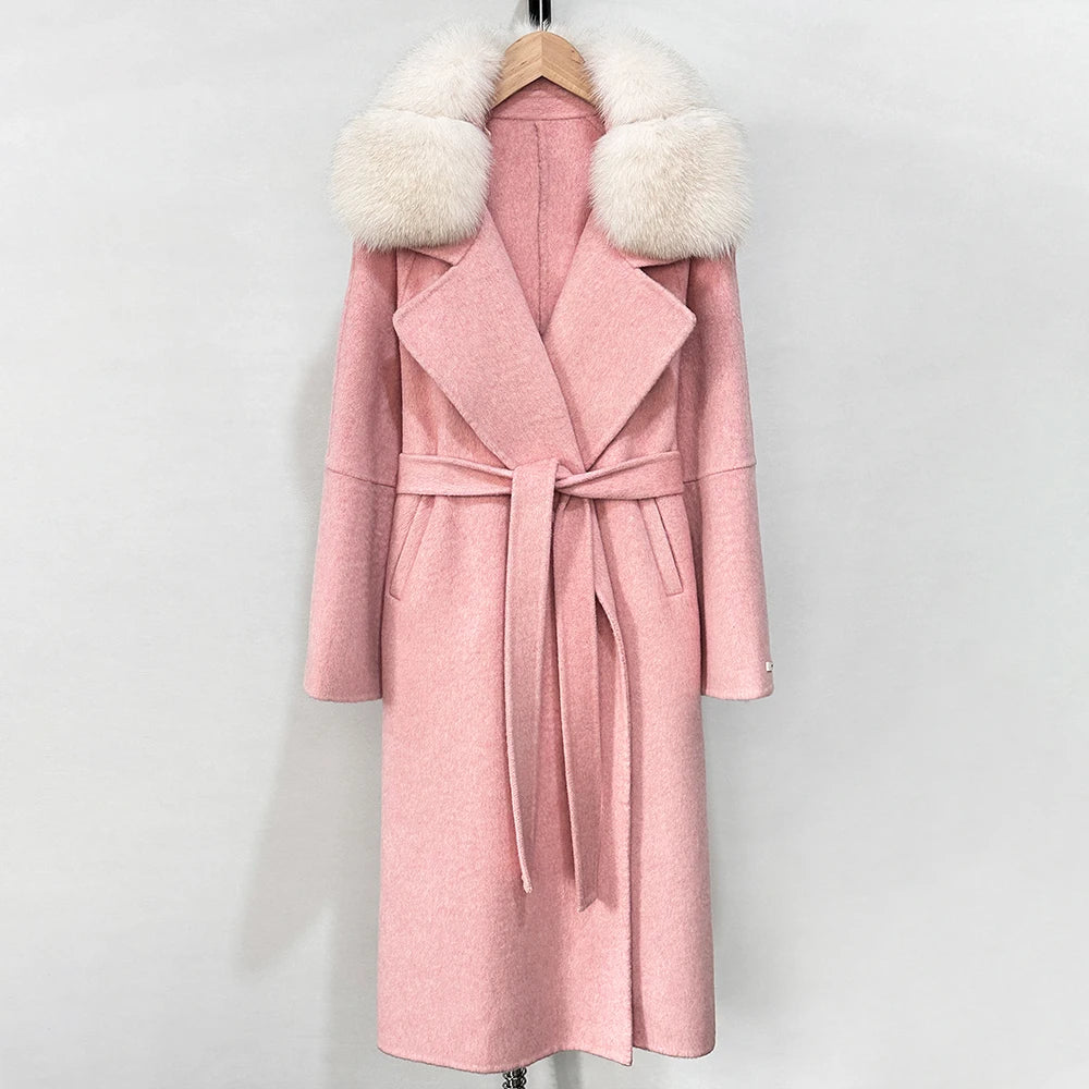 OFTBUY Belted Long Warm Winter Elegant Fashion Outerwear New Women's Double-Faced Wool Coat with Real Fox Fur Collar