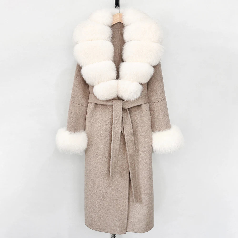OFTBUY New Women's Double-Faced Wool Coat with Large Real Fox Fur Belted Warm Winter Luxury Fashion Outerwear Woolen Jacket Lady