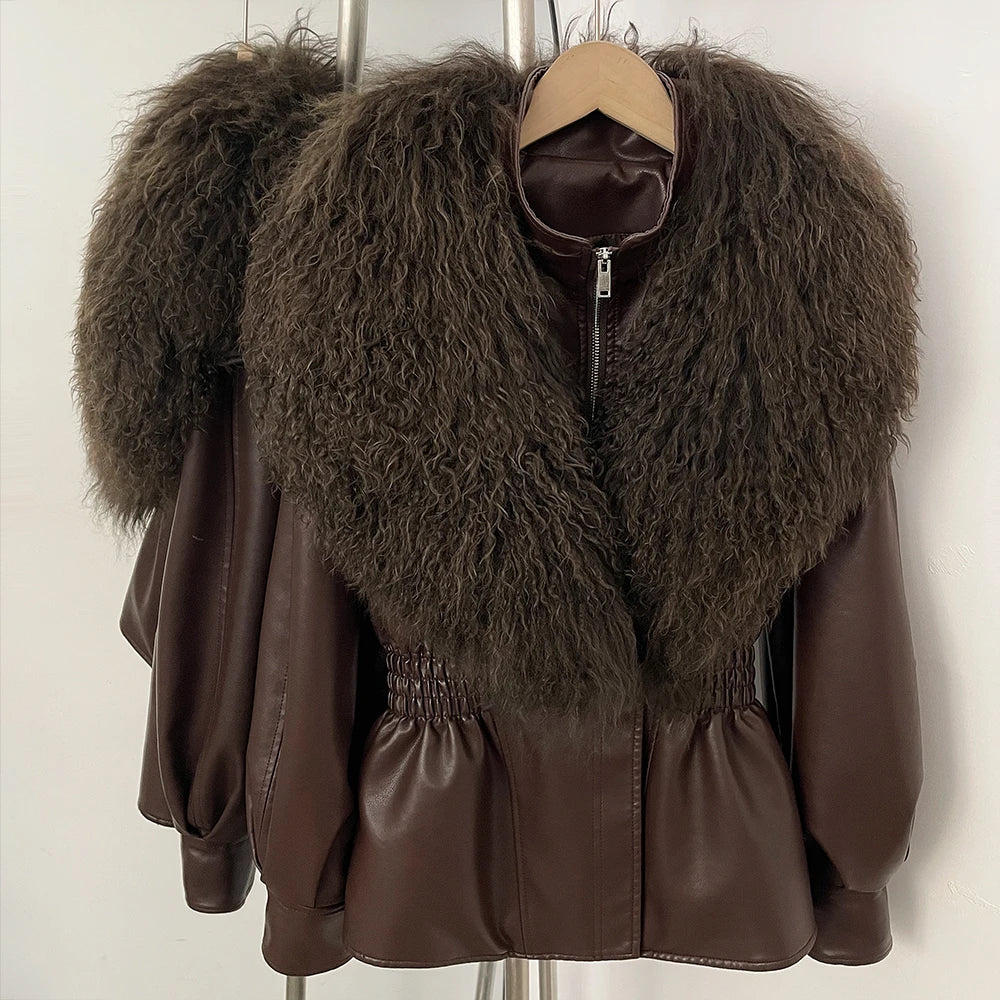 OFTBUY New Spring Autumn Faux Leather Jacket Female Real Mongolia Sheep Fur Pu Leather Coat Women Luxury Fashion Streetwear