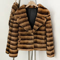 OFTBUY Luxury Gradient Stripe Real Rabbit Fur Cropped Jacket - Wide Notched Lapel Genuine Rabbit Fur Short Winter Coat