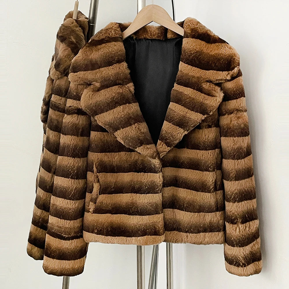 OFTBUY Luxury Gradient Stripe Real Rabbit Fur Cropped Jacket - Wide Notched Lapel Genuine Rabbit Fur Short Winter Coat