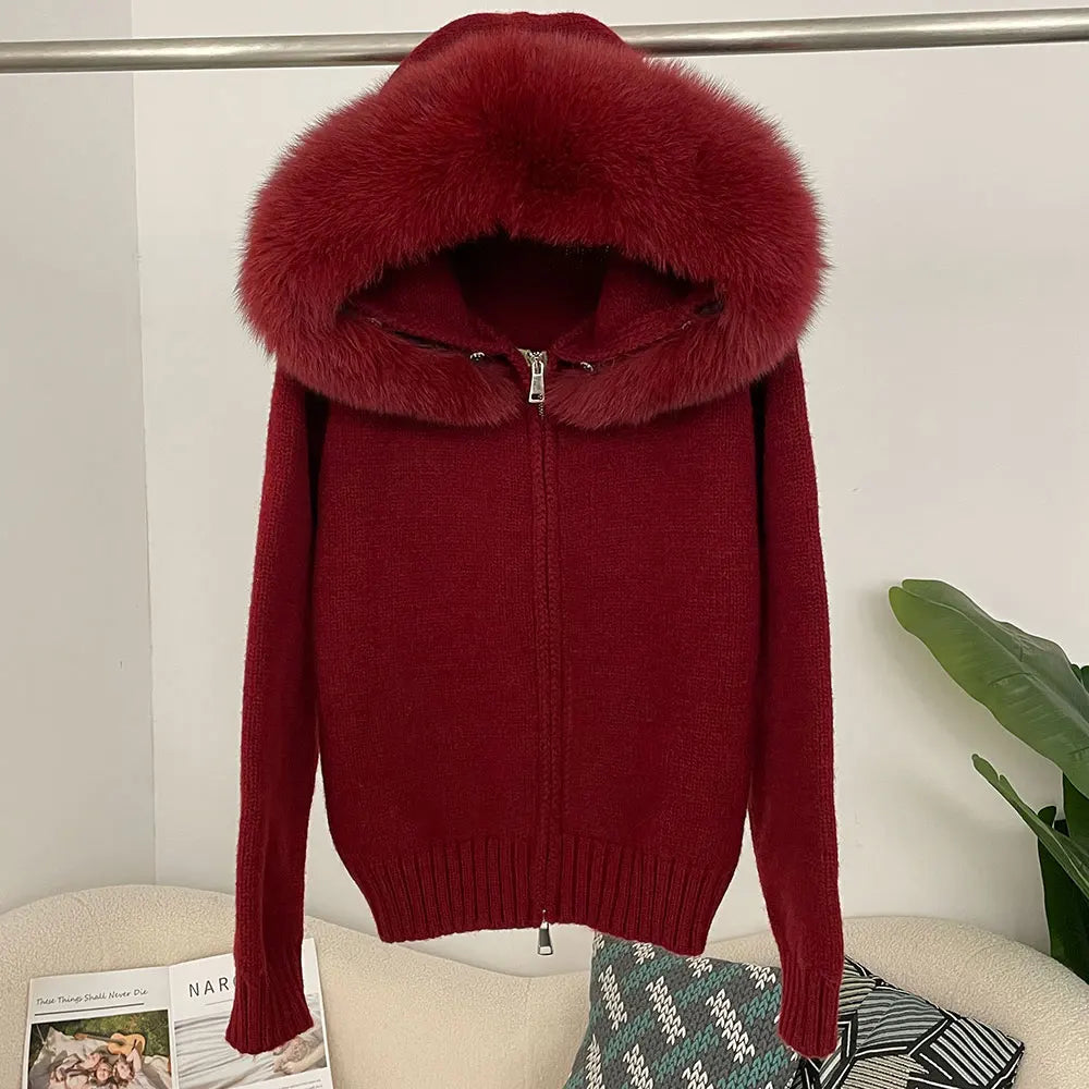 OFTBUY Luxury Knitted Zip-Up Hoodie with Oversized Real Fox Fur Hood - Premium Apres-Ski Luxe Loungewear