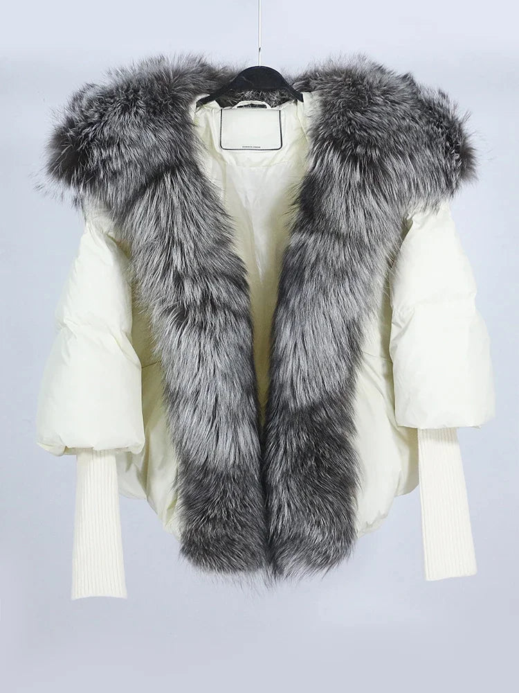 OFTUBY White Duck Down Jacket Winter Women Warm Loose Coat Natural Real Fox Fur Collar Thick Luxury Outerwear New Fashion