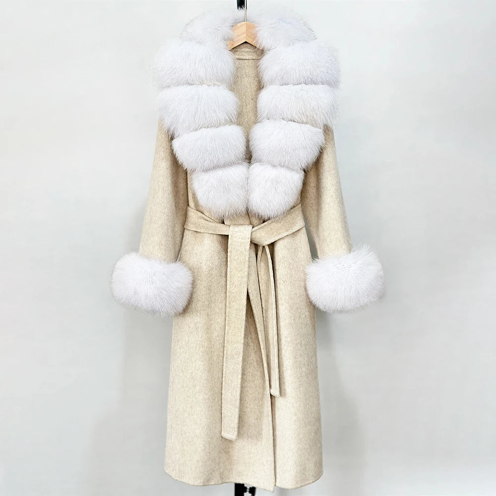 OFTBUY Fashion Warm Woolen Jacket with Real Fox Fur Collar and Cuffs New Autumn Winter Wool Clothing Women Long Belt Outerwear