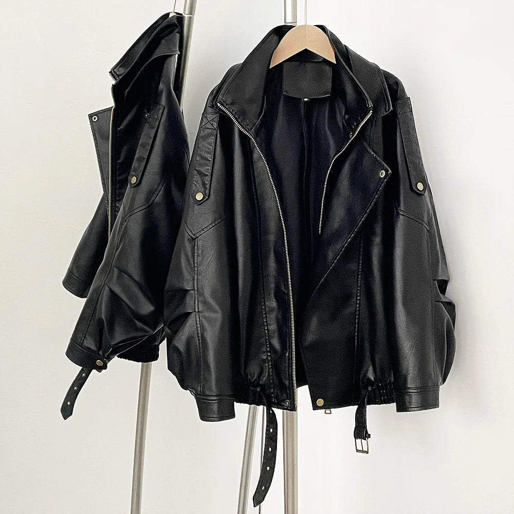 OFTBUY Wholesale Faux Leather Jacket Women Fashion Black Fake Leather Locomotive Coat Female New Spring Autumn Clothes Lady Overcoat