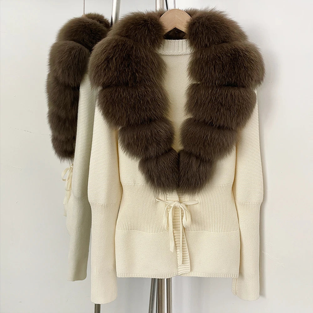 OFTBUY Luxury 100% Cotton Jacket with Real Fox Fur Collar New Autumn Winter Knit Cardigan Women Slim Warm Sweater Outerwear Lady