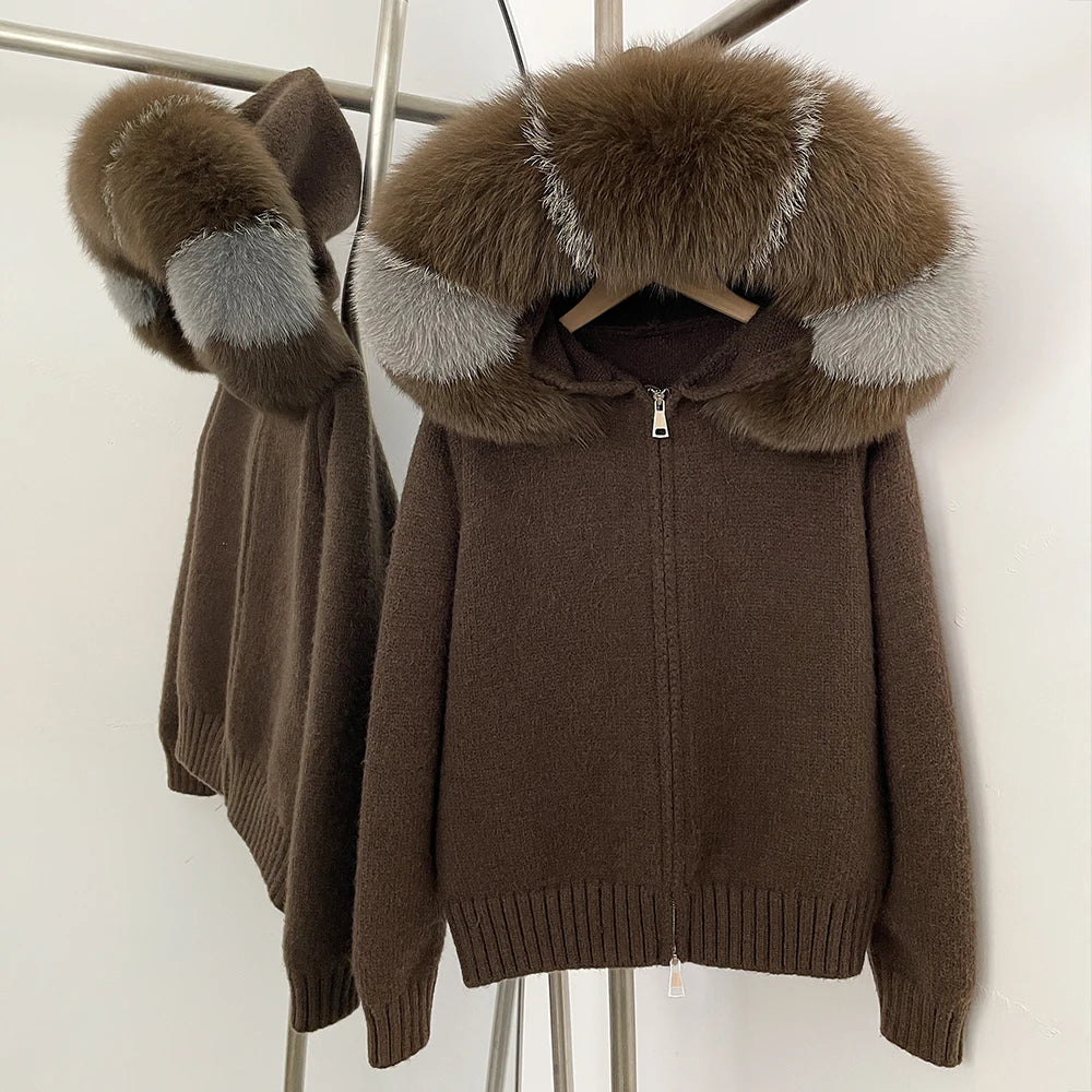 OFTBUY Luxury Knitted Zip-Up Hoodie with Oversized Real Fox Fur Hood - Premium Apres-Ski Luxe Loungewear