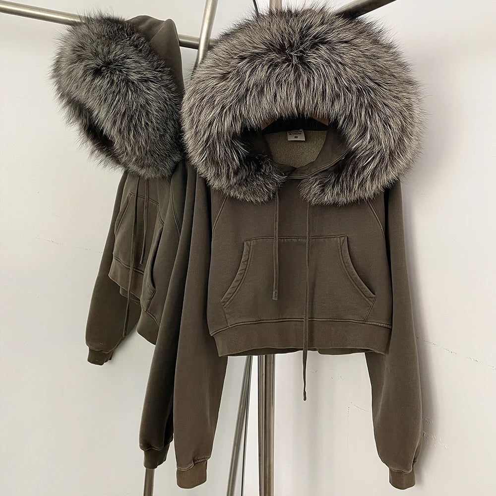 OFTBUY Casual Y2K Hoodie Real Fox Fur Collar Thickened Streetwear Hiphop Hoodie Sweatshirt Vintage Rock Goth Loose Punk Jacket