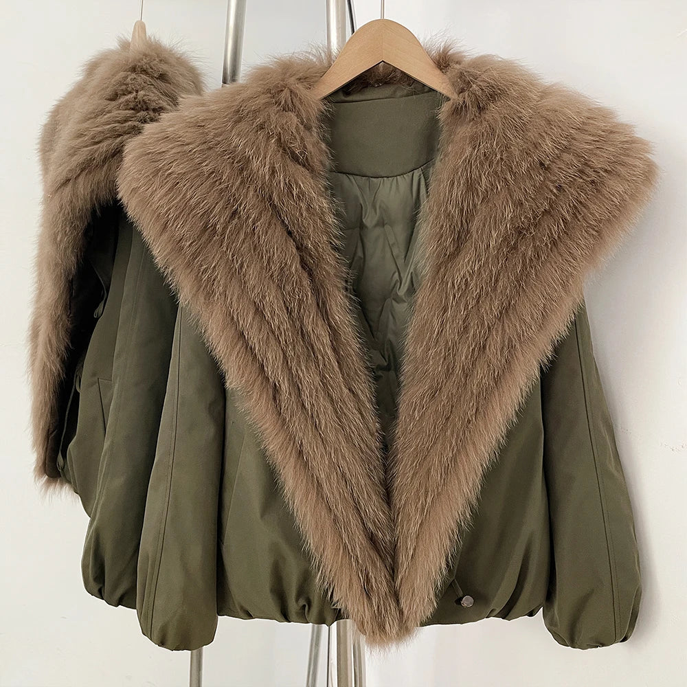 OFTBUY Luxury Oversized Real Fox Fur Collar Duck Down Cropped Jacket - 90% Duck Down Fill Winter Puffer Coat