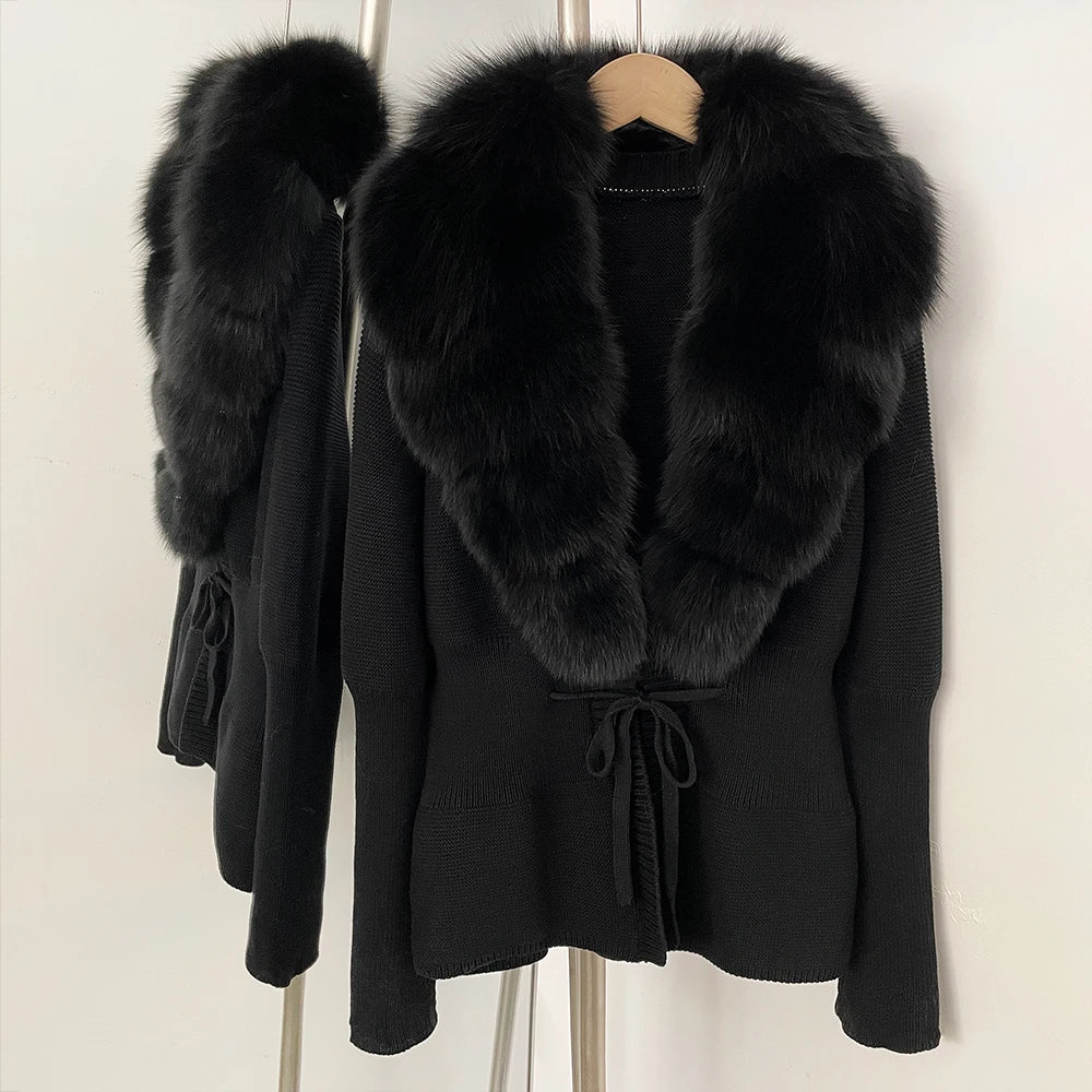 OFTBUY Luxury 100% Cotton Jacket with Real Fox Fur Collar New Autumn Winter Knit Cardigan Women Slim Warm Sweater Outerwear Lady