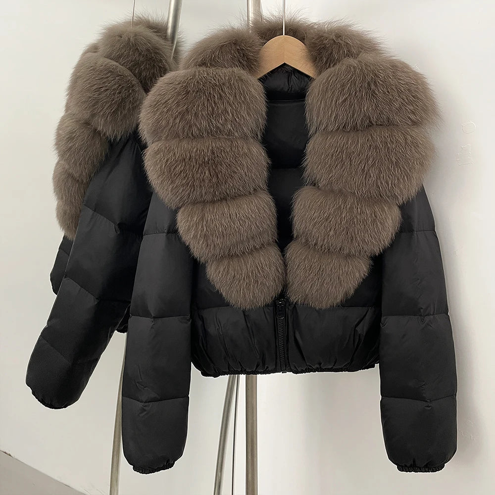 OFTBUY New Puffer Jacket Women with Large Natural Fox Fur Collar Short Fluffy Thick Parkas Female 90% White Duck Down Coat Lady