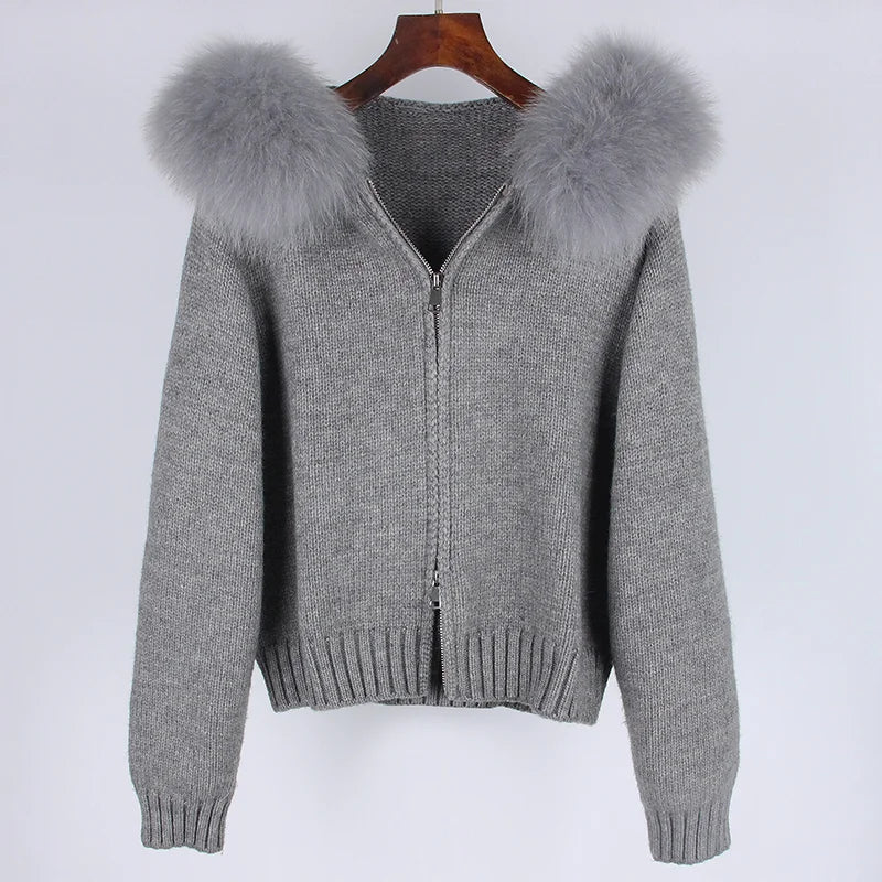 OFTBUY Luxury Knitted Zip-Up Hoodie with Oversized Real Fox Fur Hood - Premium Apres-Ski Luxe Loungewear