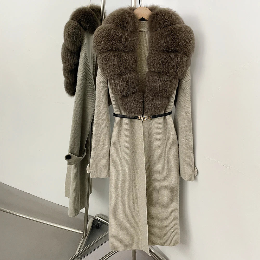 OFTBUY Warm Winter Elegant Fashion knit Outerwear female New Women's Knit Long Coat with Large Real Fox Fur Collar Belted Waist