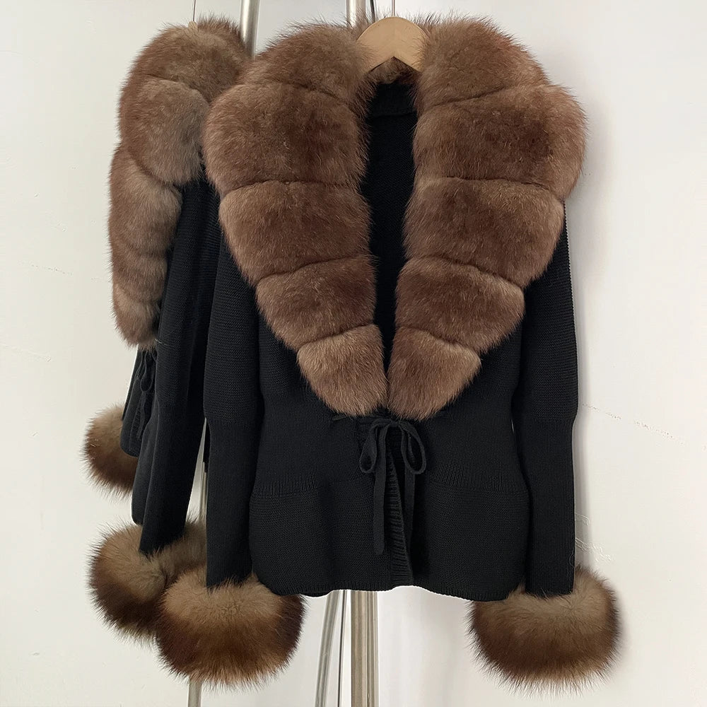 OFTBUY New Autumn Winter Knit Cardigan Women Fashion Warm Clothes with Real Fox Fur Luxury Natural Fur Sweater Jacket Female