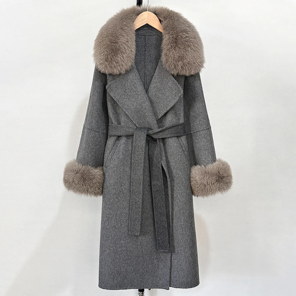 OFTBUY Fashion Warm Wool Coat with Real Fox Fur Collar New Autumn Winter Long Clothing Women Belt Elegant Woolen Jcacket Female