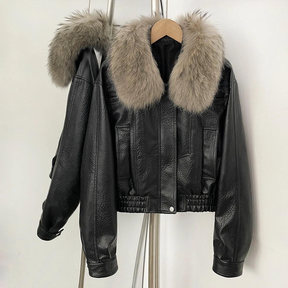 OFTBUY Women's Faux Leather Bomber Jacket with Real Fox Fur Collar PU Leather Cropped Aviator Coat Female New Winter Outerwear