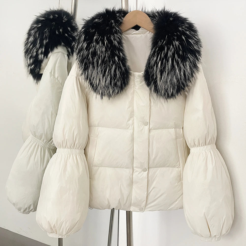 OFTBUY New Winter Loose Top Clothes Women Real Fox Fur Fluffy Puffer Jacket Female Lantern Sleeves Natural Fur Collar Down Coat