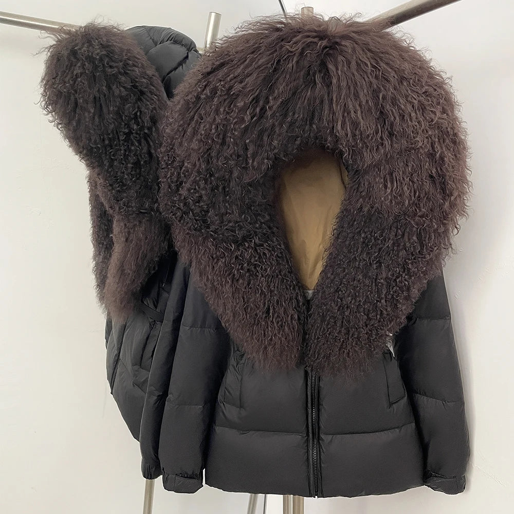 OFTBUY New Belted Luxury Warm Winter Women's Puffer Jacket with Real Mongolia Sheep Fur Collar Outerwear Duck Dowm Coat Female