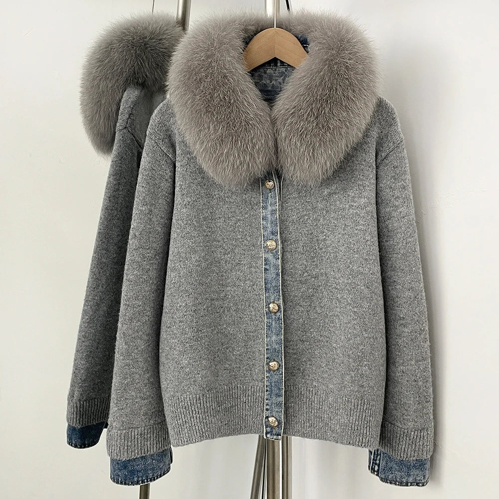 OFTBUY Denim Trim Warm Autumn Winter Fashion Outerwear Sweater Female New Women's Knit Cardigan with Large Real Fox Fur Collar