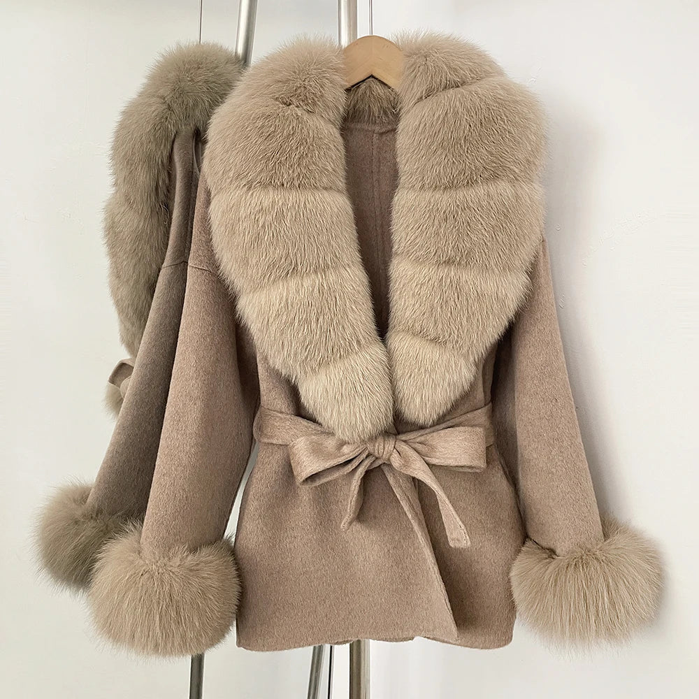 OFTBUY New Women's Double-Faced Wool Coat with Large Real Fox Fur Belted Warm Jacket Winter Elegant Fashion Outerwear Female