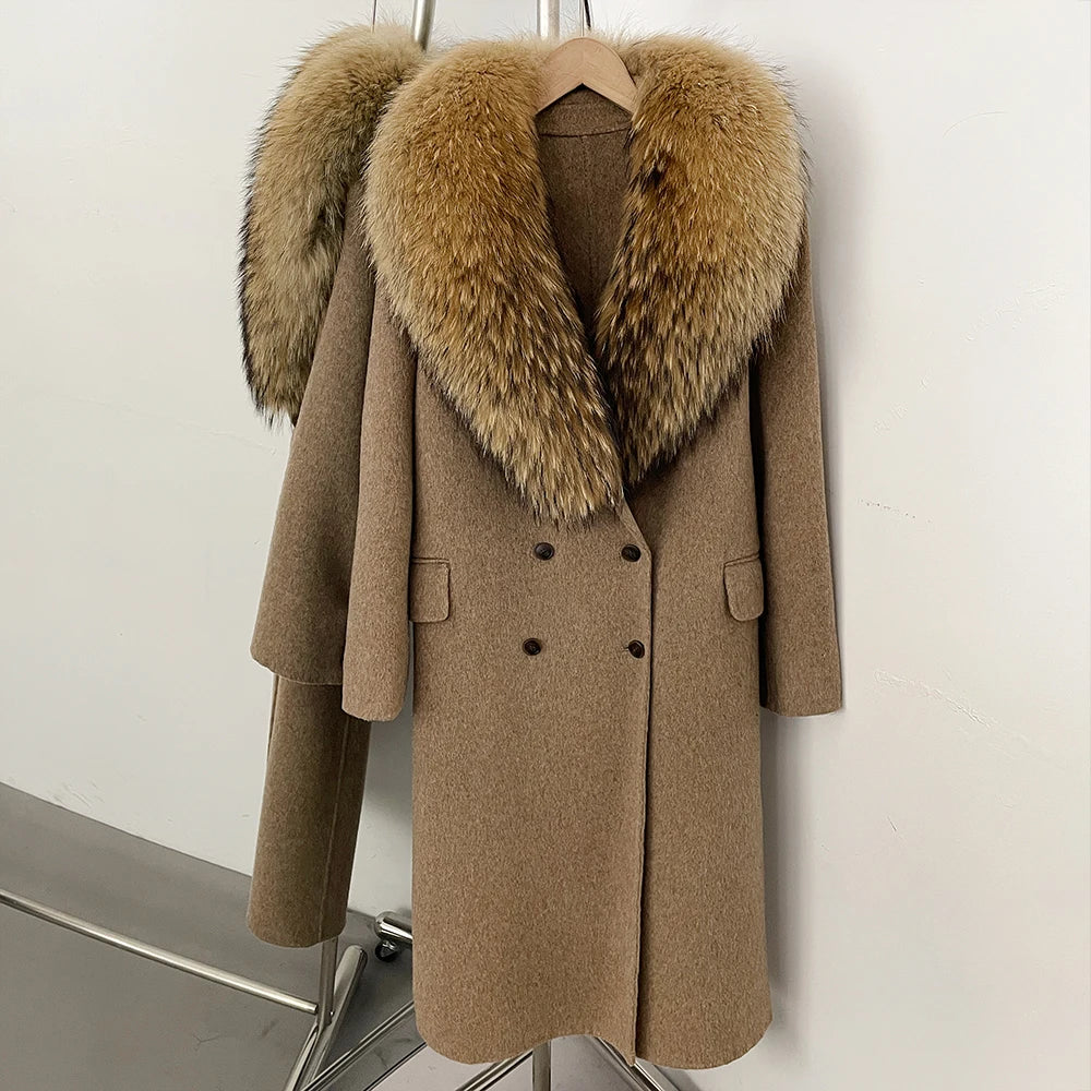OFTBUY Woolen Coat Female Women's Luxury Double-Faced Wool Jacket Winter Oversize Real Fox Fur Double Breasted Elegant Outerwear