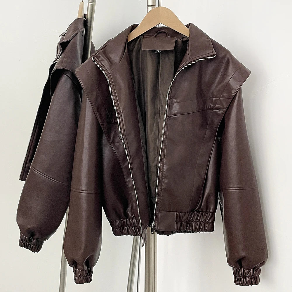 OFTBUY New Spring Autumn Clothes Wholesale Faux Leather Jacket Women Fashion Short Fake Leather Female Short Brown Overcoat Lady