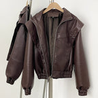 OFTBUY New Spring Autumn Clothes Wholesale Faux Leather Jacket Women Fashion Short Fake Leather Female Short Brown Overcoat Lady