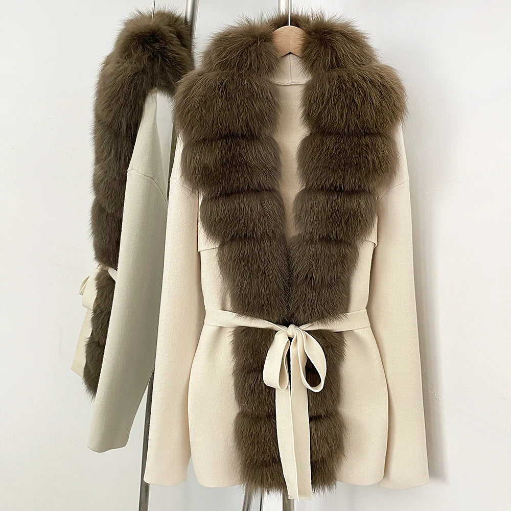 OFTBUY Luxury Warm Winter Fashion Outerwear New Women's Knit Cardigan with Oversized Real Fox Fur Trim Self-Tie Belt Sweater