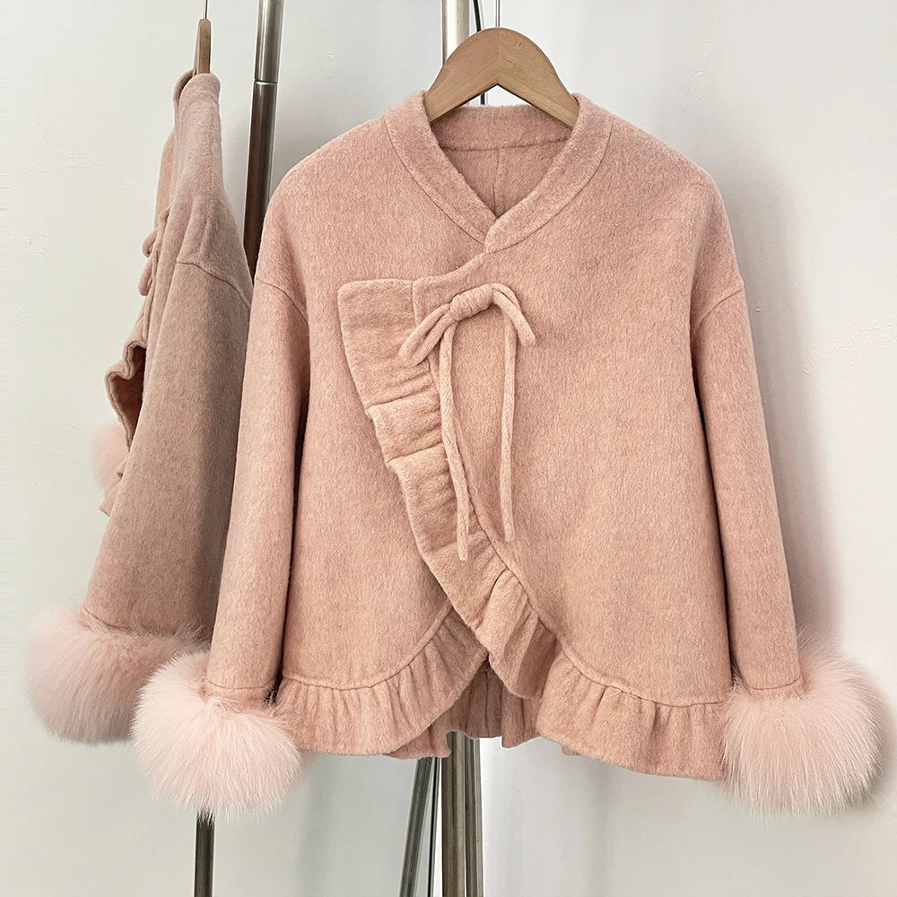 OFTBUY New Women's Wool Jacket with Real Fox Fur Cuffs Winter Elegant Fashion Clothing Outerwear Short Luxury Woolen Coat Female