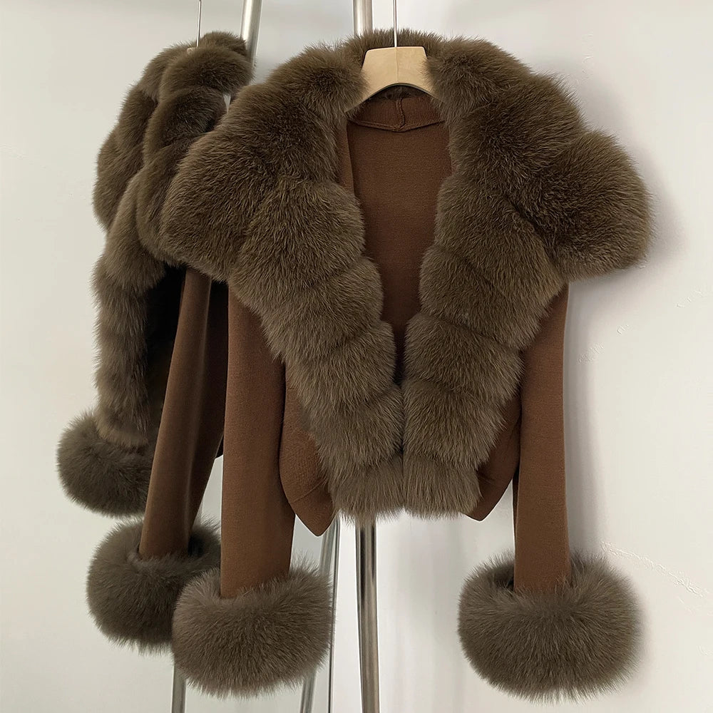 OFTBUY New Autumn Winter Knit Clothing Female Women's Short Cardigan with Big Real Fox Fur Collar Natural Fur Warm Sweater Lady