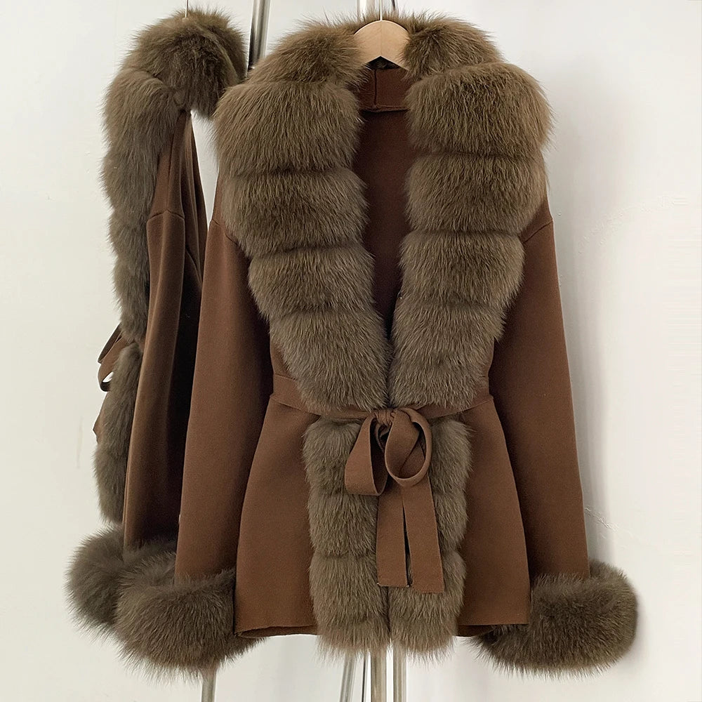 OFTBUY New Spring Autumn Clothing Women Fashion Real Fox Fur Kint Cardigan Female Belt Luxury Loose Fur Cuffs Sweater Jacket
