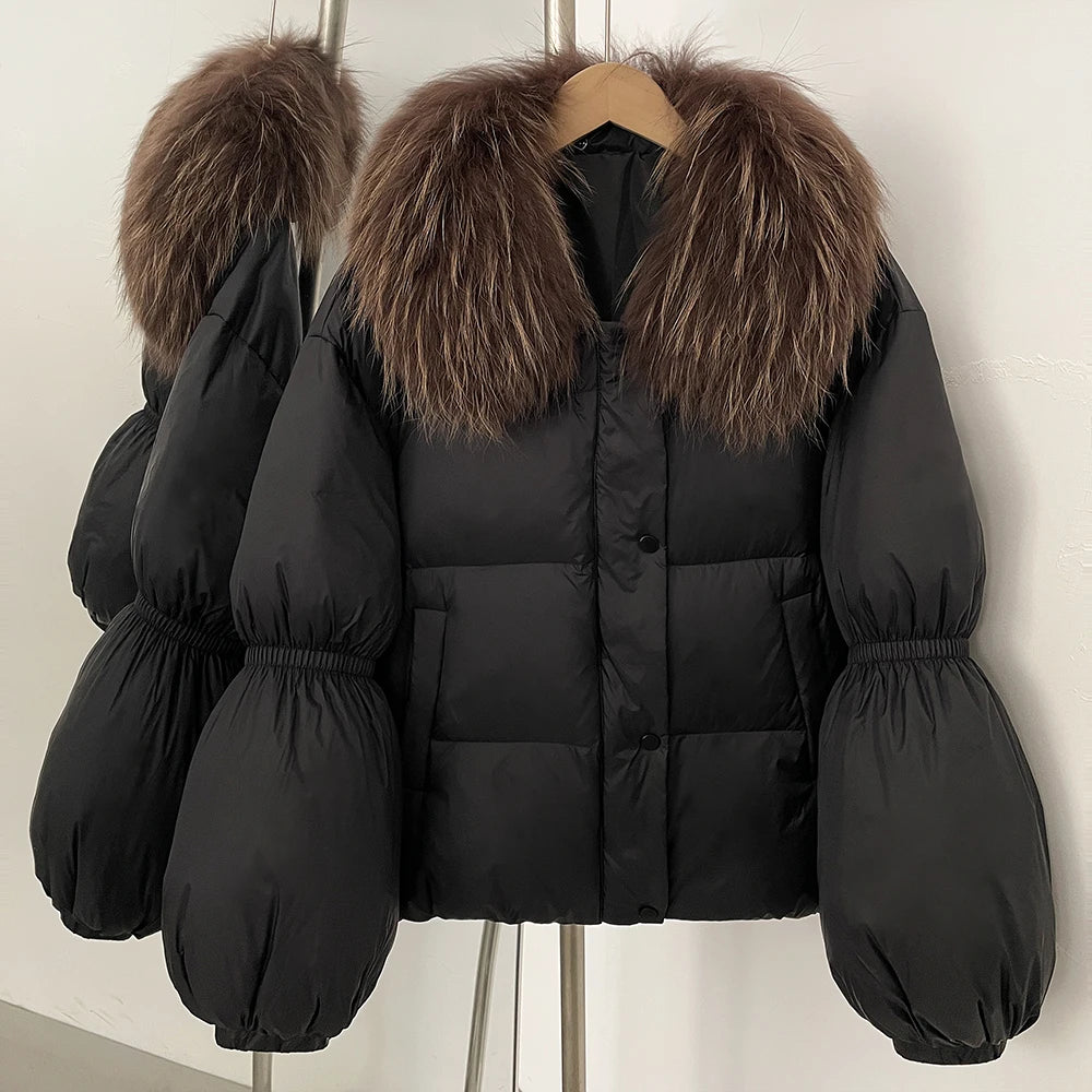 OFTBUY New Winter Loose Top Clothes Women Real Fox Fur Fluffy Puffer Jacket Female Lantern Sleeves Natural Fur Collar Down Coat