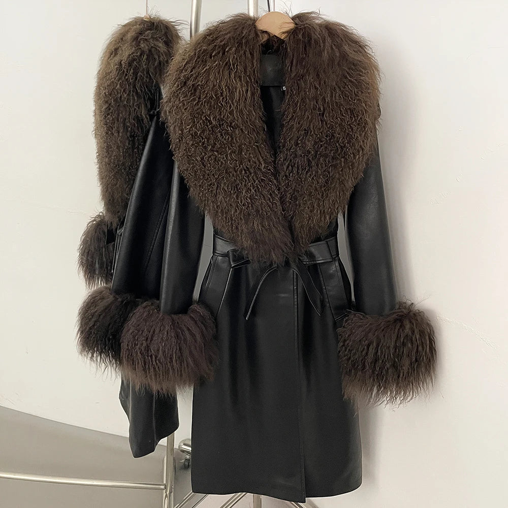 OFTBUY New Autumn Winter Clothes Women Luxury Real Mongolia Sheep Fur Jacket Femlae Long Vintage Faux Leather Streetwear Coat