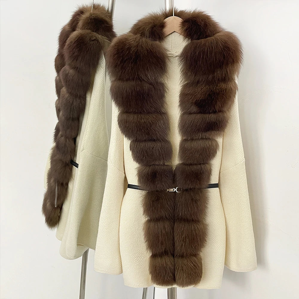 OFTBUY Metal Belt Knit Warm Winter Luxury Fashion Outerwear Sweater Cardigan New Women's Knit Coat with Full Real Fox Fur Front